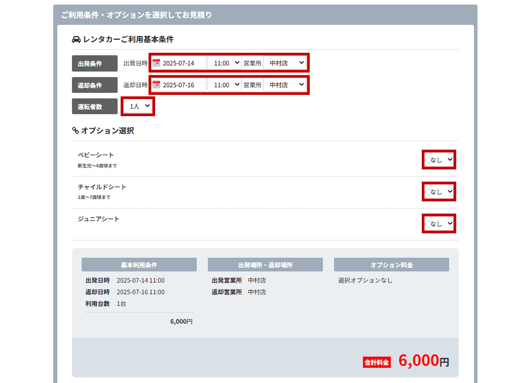 ご利用条件・オプションの選択